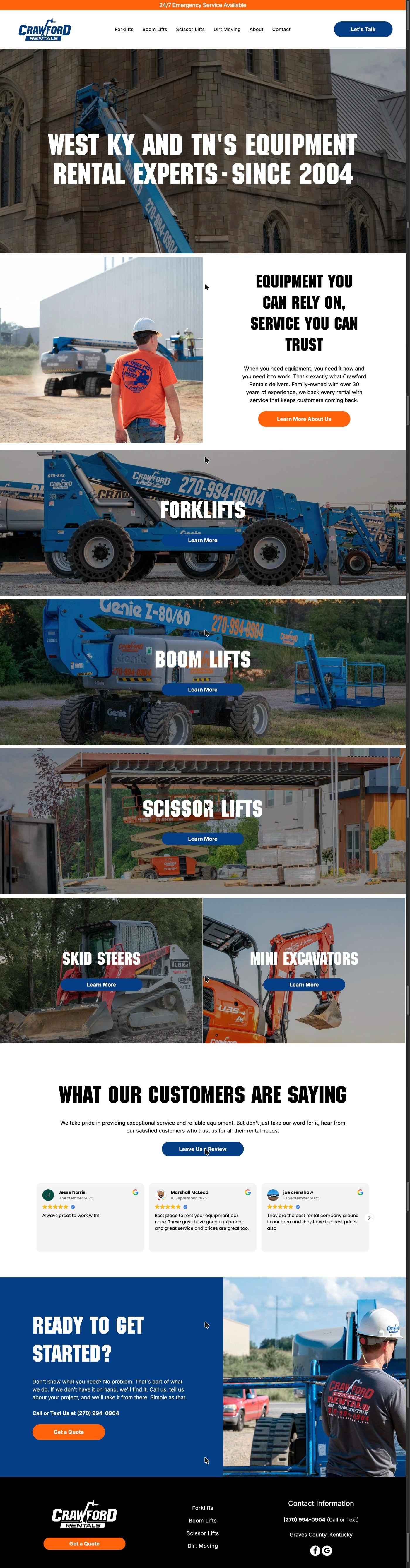 Full page of the Crawford Equipment Rentals website